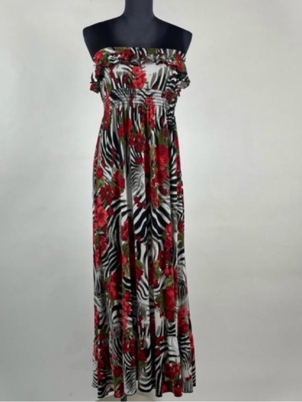 Strapless Red Floral Zebra-Print Maxi Dress